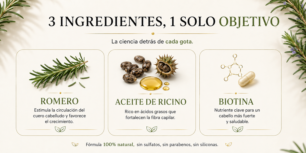 3 ingredientes: Romero, Aceite de Ricino y Biotina